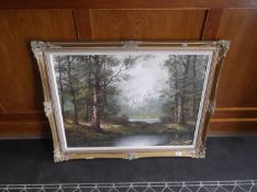 Large Oil on Canvas, probably late 20th century, depicting a vista through a wooded lakeland scene,