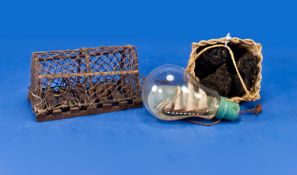 Three Small Collectables Comprising Miniature Lobster Pot, Miniature Basket Containing Peat And A