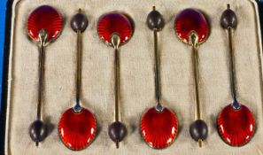 Art Deco Enamel & Silver Set Of Six Coffee Spoons, Hallmark Birmingham 1928, boxed. Excellent