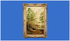 Framed River Landscape with trees by Ernest Weatherhead. Artist card to reverse. Signed lower