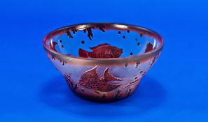 Gallé Style Fish Design Bowl, cameo type glass with four burnt orange fish `swimming` around the