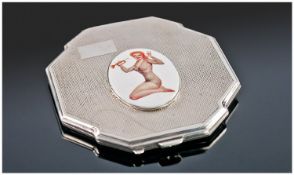 Solid Silver Compact with 1950`s Pin Up Girl enamel to front. Hallmarked Birmingham 1954, Barker