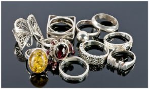 Collection Of Ten Silver Stone Set Rings.