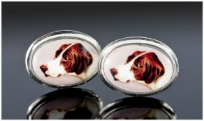 Pair Of Gents Silver Cufflinks, The Oval Fronts With Images Of Hound Dogs, Stamped Silver 925