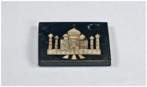 Indian Taj Mahal Plaque, Black Onyx With Mother Of Pearl Inlay Depicting The TAJ MAHAL.  56 x 72mm