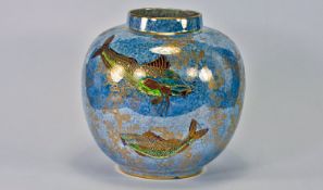 Wilton Ware Globular Shaped Lustre Ginger Jar, circa 1925, depicting fishes on a powder blue