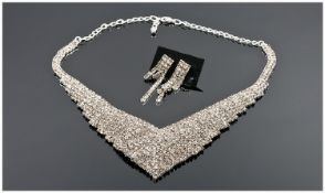 Champagne Austrian Crystal Necklace and Earring Set, V shaped, multiple row, slightly curved,