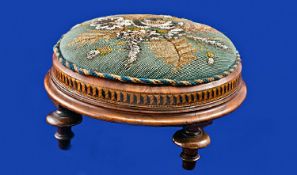 Victorian Inlaid Walnut Footstool with Tunbridge Ware, inlaid border, covered in a tapestry and