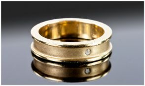 9ct Gold Diamond Set Band, Brushed Center With Polished Moulded Edge. Stamped 9ct, Ring Size M½