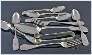 A Collection of Various Russian and Polish Spoons, forks and sugar nips. All marked with silver