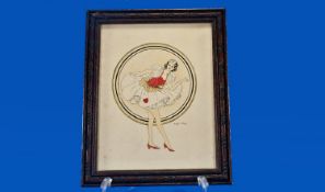 1930`s Lady Of Hearts Drawing In Watercolour, signed Ammy G.Tolley. 8.5x10.5`` including frame.