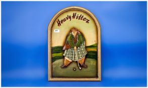 The Heavy Hitter Golf 3D Wood Advertising Pub Plaque, showing a Scottish golfer with taml-o-shanter