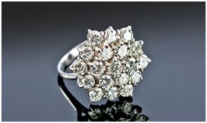 18ct White Gold Diamond Cluster Ring. Flowerhead Design. Comprises 19 Brilliant Cut Diamonds. Est