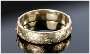 Silver Gilt Hinged Bangle, With Floral Scroll Engraving, Fully Hallmarked For Birmingham 1966,