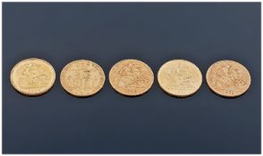 Five Half Sovereigns Dated 1877 Shield Back, 1913, 1911, 1910 & 1982