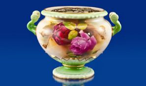 Royal Worcester Handpainted Two Handle Roses Footed Bowl. Stillife `Roses` Signed `Austin` Date