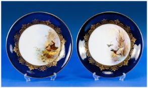 Royal Worcester pair of Fine Handpainted Cabinet Plates, Dated 1921 of Mallard Ducks in Flight,