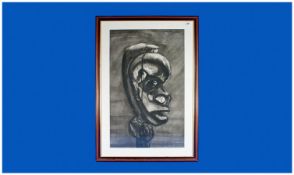 Modern Abstract Framed Charcoal and Pen Drawing `African Mask`. Unsigned. 24 by 36 inches.