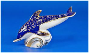 Royal Crown Derby Paperweight `Dolphin`. Gold Stopper. Date 1990. 6.75 inches in length.