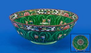 Chinese Canton Painted Bowl: depicting cabbage leaves and butterflies pattern.