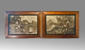 Pair of oak framed Ernest Walbourn black and white prints. Featuring boy fishing and girl feeding