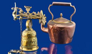 Copper Kettle Together With Brass Hanging Bell, Enscribed To Exterior.