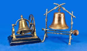 Liberty American Model Brass Bell mounted on wooden rectangular base. Bell rings by turning wheel