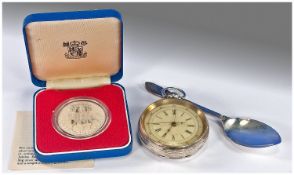 Mixed Lot Comprising Silver Cased Open Face Pocket Watch A/F, Silver Preserve Spoon And A Royal