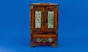 Chinese Good Early 20th Century Jewellery Cabinet with carved jade panels to door, draws & sides.