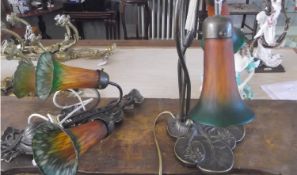 Late 20th Century Table Lamp, bronzed effect, the shades in orange and green, together with a three