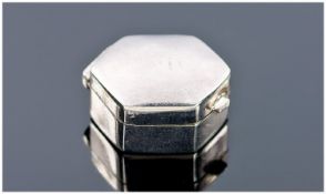 Small Hexagonal Modern Silver Pill Box, Hinged Lid, Fully Hallmarked.