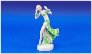 Art Deco Figure of a Dancing Girl in apple green flounced skirt, top, cuffs and shoes; 6 inches