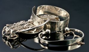 Collection Of Silver Jewellery, Comprising A Bangle, Two Torque Bangles, Two Pendants, Brooch,