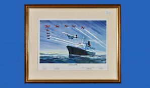 `Seconds To Spare` Coloured Print Of The Concorde, QE2 & Red Arrows. Pencil signed by the artist