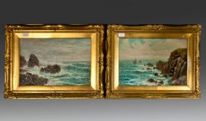 A Pair Of Seascapes Signed David Jones, boats off the Cornish coast, choppy seas. Oil on canvas,