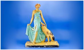Art Deco Chalk Figure, Dancing Woman And Dog, Height 20½ Inches.