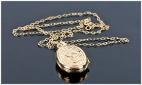 9ct Gold Oval Locket, Suspended On A 9ct Gold Fine Link Chain, With Box.