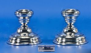 Edwardian Pair Of Silver Squat Candlesticks with stepped circular bases. Hallmark Birmingham 1912.