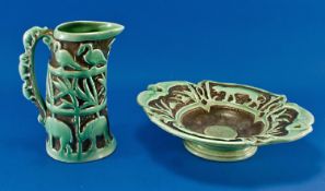 Burleigh Ware 1930`s Green Coloured Styalised Jug & Bowl with raised animal decoration on Chocolate