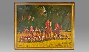 Oil Painting of a `Huntsman with hounds` by local artist, Ron Mosley. Gilt frame. Signed and dated