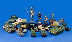 Military Interest, Box Containing Cloth Badges, Figures, Diecast + Old Tooth Brushes etc