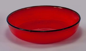 Vasart Very Fine 1930`s Art Glass Bowl. Bright orange/red colourway with Molton black border.