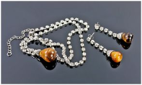 Tiger Eye and Austrian Crystal Necklace and Earring Set, the pear shaped tiger eye pendant with