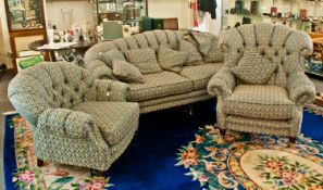 Fine Classic Three Piece Suite, upholstered in blue and cream patterned floral motif brocade