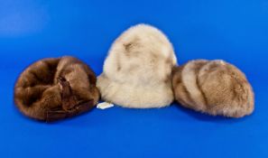 Three Various Mink Hats comprising 1 white with light brown shadow, brimmed style, 1 dark blonde