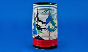 Clarice Cliff Hand Painted Cylindrical Shaped Vase, `Pine Groves` design, circa 1935, from the