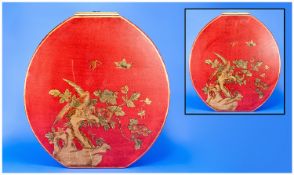 Unusual Chinese Large Rounded Lidded Box which appears to be constructed of wood, covered in red