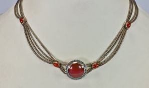 Oriental/Chinese Silver Necklace with Cabochon Cut Amber Stones. Circa 1930`s, stamped 900.