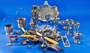 Box Containing a Collection of Silver Plate, including flask, tray flatware (some with silver