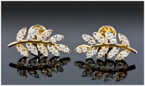 Pair Of 18ct Gold Diamond Earrings, Branch And Leaf Design In Two Tone Gold, Set With Round Modern